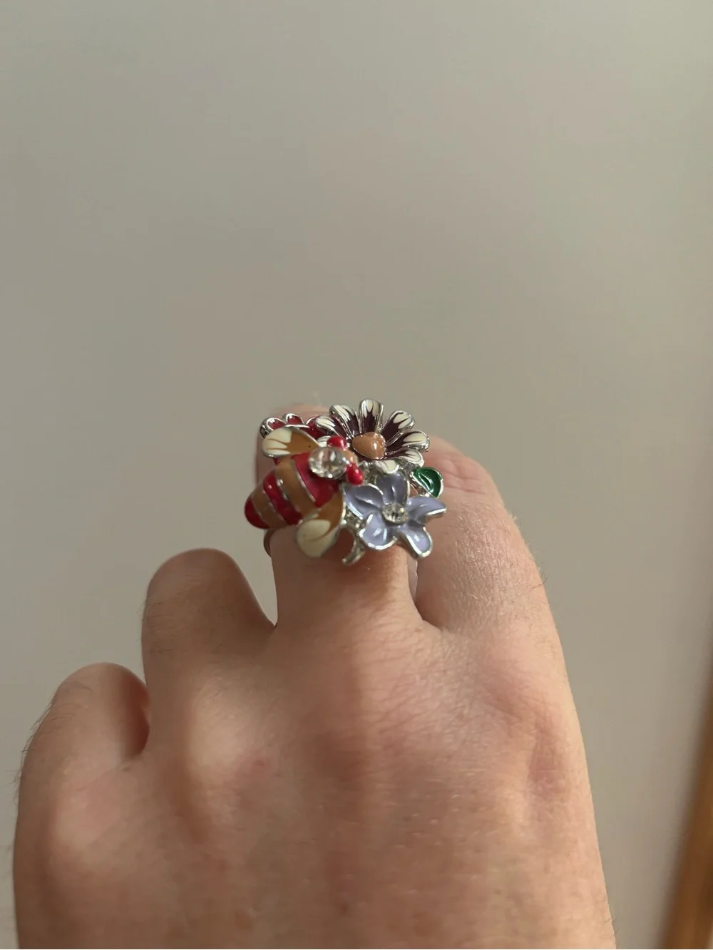 Silver Tone Colorful Enamel Statement Ring with Bumblebee and Flowers